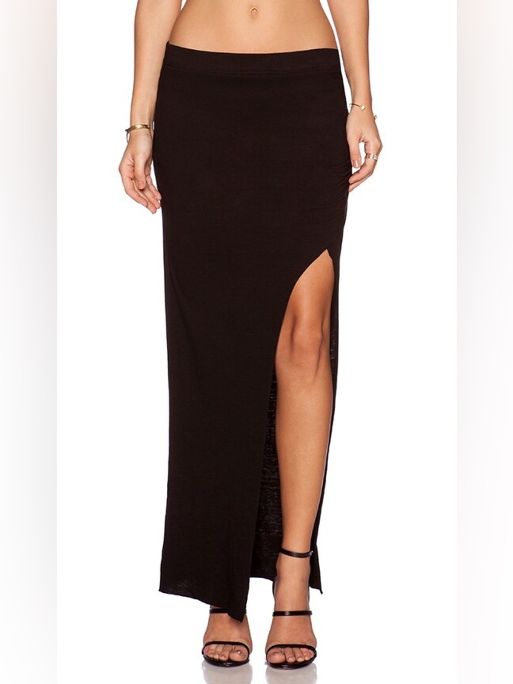 Pam & Gela Maxi Skirt in Black with Ruching and a Slit.
